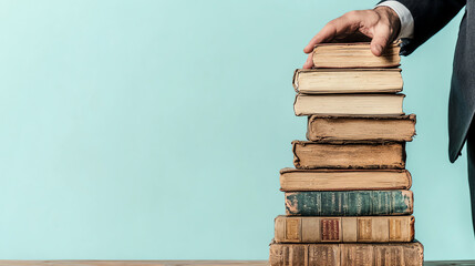 Hand placing vintage books on a stacked collection against a minimalist aqua background in a cozy reading space