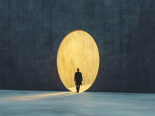 A mysterious silhouette walking through an illuminated circular opening in a modern architectural space