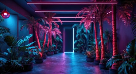 Futuristic hallway with neon lights and tropical plants creating vibrant atmosphere in modern interior space