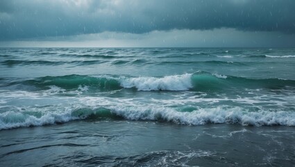 Fototapeta premium dark stormy ocean waves with overcast sky and rain in atmospheric coastal scene