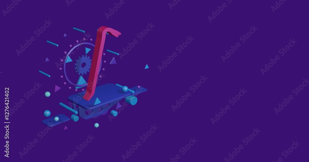 Poster pink crowbar symbol on a pedestal of abstract geometric shapes floating in the air. abstract concept