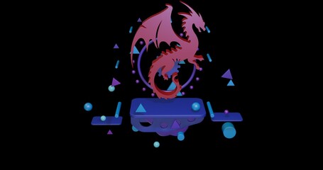 Red dragon symbol on a pedestal of abstract geometric shapes floating in the air. Abstract concept art with flying shapes in the center. 3d illustration on black background