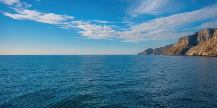 Coastal landscape view with rocky cliffs and calm blue sea under a clear sky with scattered clouds during daytime