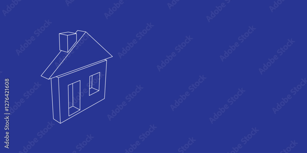 Poster the outline of a large house symbol made of white lines on the left. 3d view of the object in perspe