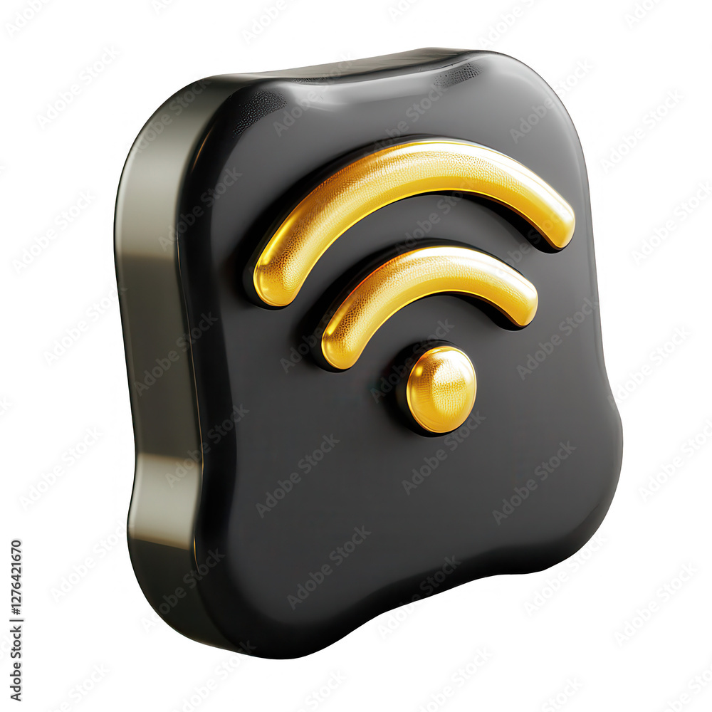 Poster a 3d render of a wireless signal icon in black with gold details, showcasing a modern design. suitab