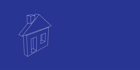 The outline of a large house symbol made of white lines on the left. 3D view of the object in perspective. Vector illustration on indigo background