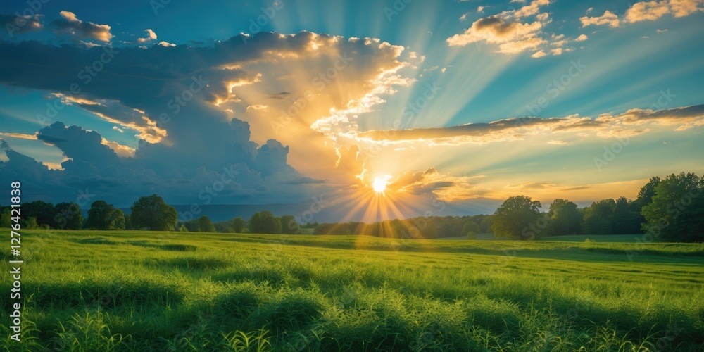 Poster sunrise over a green field with rays of light breaking through clouds and dramatic sky colors in a r