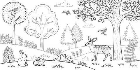Fototapeta premium Forest Animals Coloring Page Line Art, Black and White, Cute Bunnies and Deer, Spring, Nature, Birds Keywords Coloring Book, Illustration