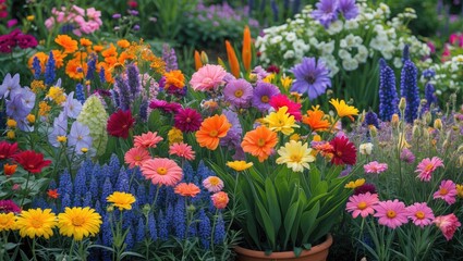 Fototapeta premium Colorful flower garden with various blooms including daisies, tulips, and violets arranged in a vibrant and lush landscape setting.