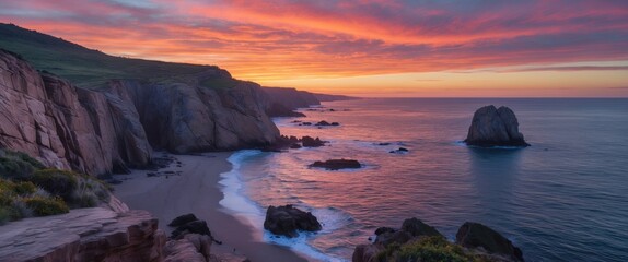 Coastal cliffs at sunset with colorful sky and rocky shoreline in a serene ocean landscape.