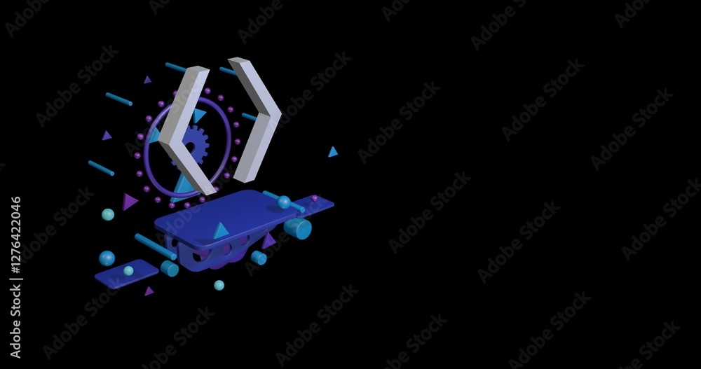 Poster white angle brackets symbol on a pedestal of abstract geometric shapes floating in the air. abstract