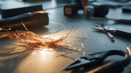 Damaged cables with exposed copper on a clean desk. Featuring frayed edges and broken insulation