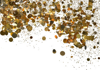 Falling gold confetti on white. Perfect for celebratory designs, party invitations, and more.