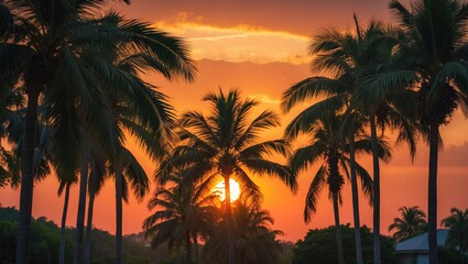 Obraz premium Tropical sunset with palm trees silhouetted against a vibrant orange and yellow sky in a coastal landscape setting
