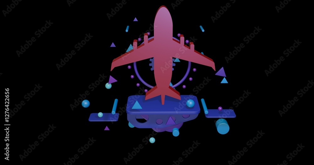 Poster red airplane symbol on a pedestal of abstract geometric shapes floating in the air. abstract concept