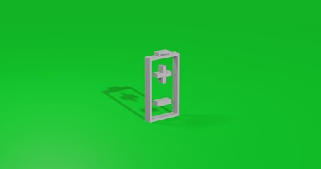 Isolated realistic white battery symbol front view with shadow. 3d illustration on green chroma key background