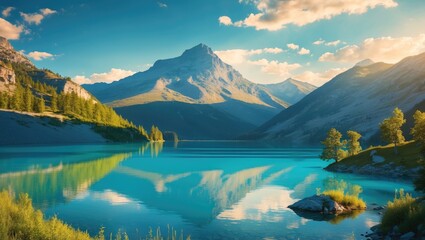 Obraz premium Mountain landscape with turquoise lake, reflections of trees and clouds, rocky shoreline under clear blue sky, natural scenery in daylight.