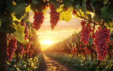 Vineyard with grapes on a sunset background, vines in rows and golden light. Red grapes hanging from the branches of the grapevines during the autumn harvest season. 