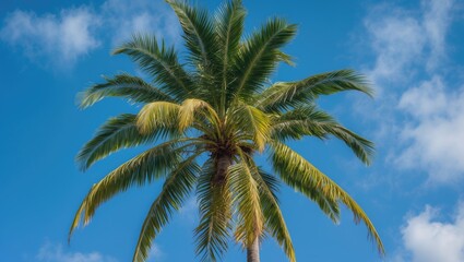 Tall palm tree with green fronds against a bright blue sky and scattered clouds in a tropical setting.