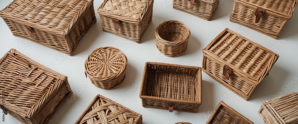 Aufkleber assorted woven wicker storage baskets in various shapes and sizes arranged on a neutral background