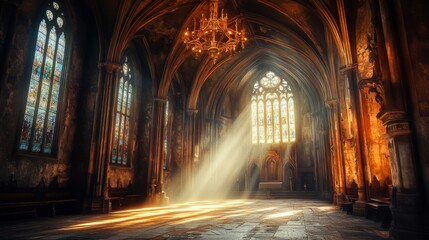 Fototapeta premium Sunbeams Illuminate Ancient Churches Gothic Interior