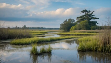 Fototapeta premium Marsh landscape with lush green grass, calm water reflections, and trees under a cloudy sky in a serene natural setting