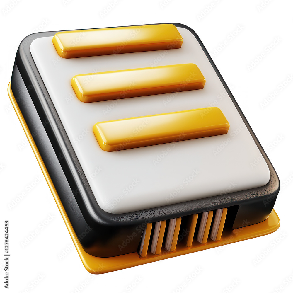 Poster this image showcases a 3d button design featuring three horizontal stripes in yellow on a black back