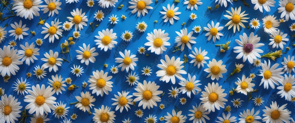 Poster daisies arranged on a blue background creating a vibrant floral pattern with varying sizes and a few
