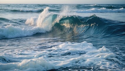 Ocean waves crashing on the shore with foam creating textures during sunset in a coastal landscape scene.