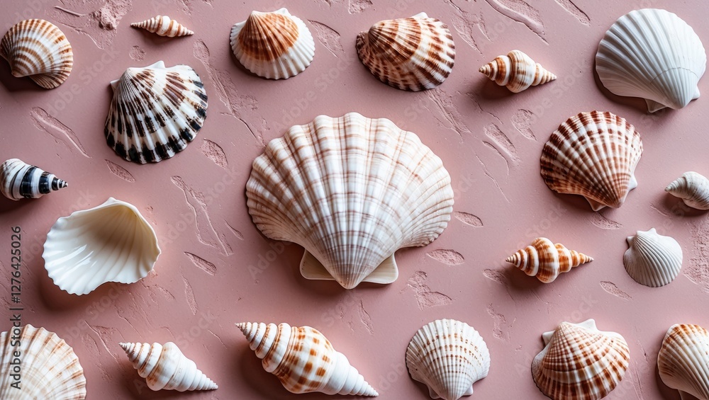 Poster assorted seashells arranged on a textured pink surface showcasing various shapes and patterns of mar