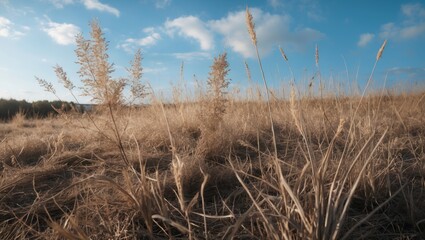 Fototapeta premium Dry grass in open field under blue sky with scattered clouds showcasing natural landscape in late afternoon light