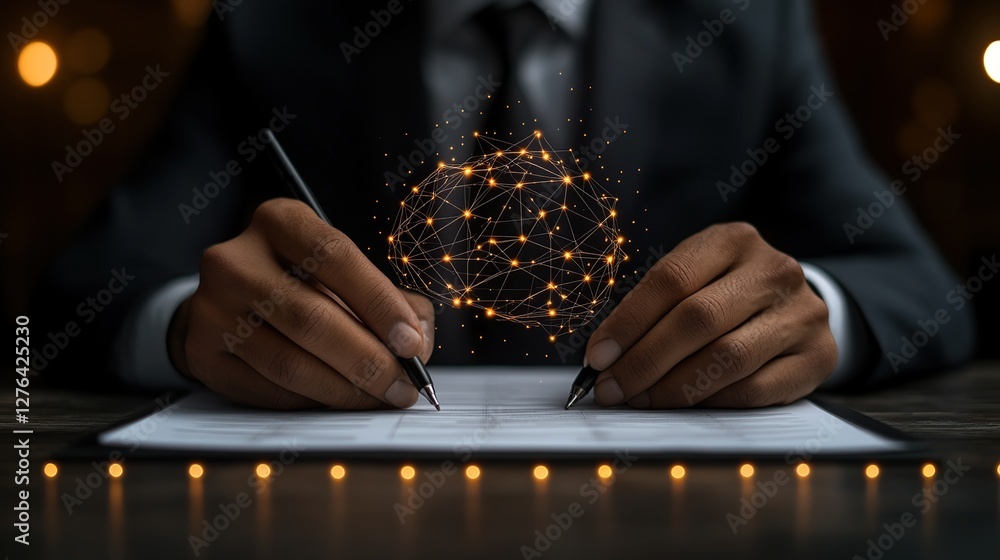 Poster business professional signing a document with glowing network graphics symbolizing digital transform