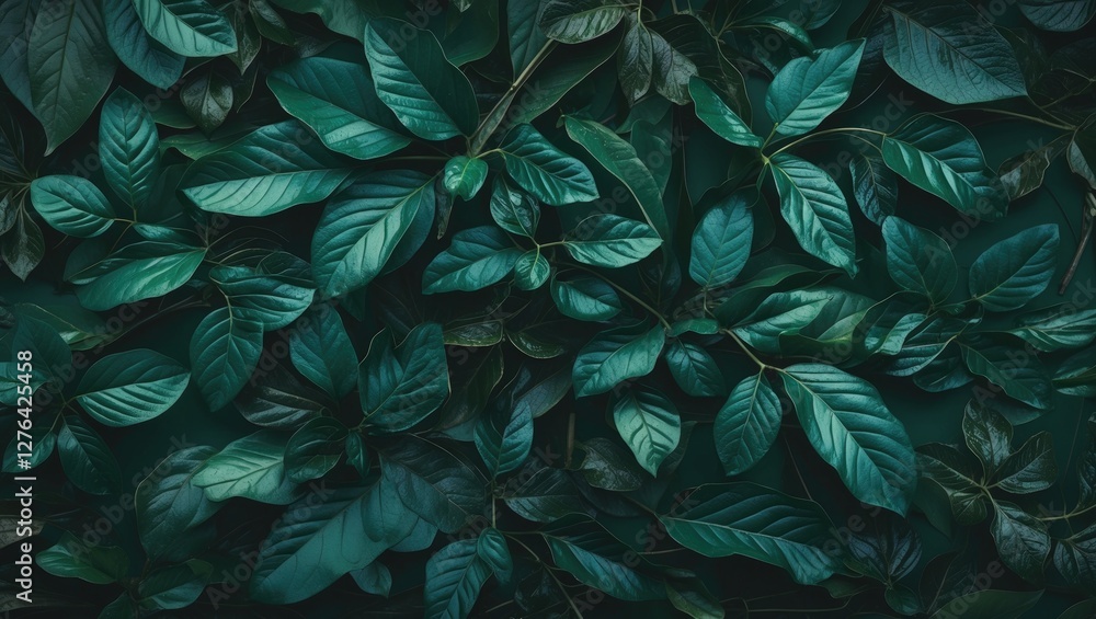 Poster dense arrangement of various green leaves on a dark background creating natural texture and depth in