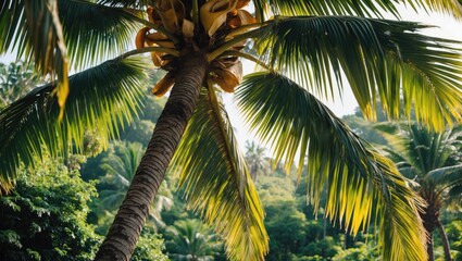 Coconut palm tree with lush green leaves against a tropical background in natural sunlight