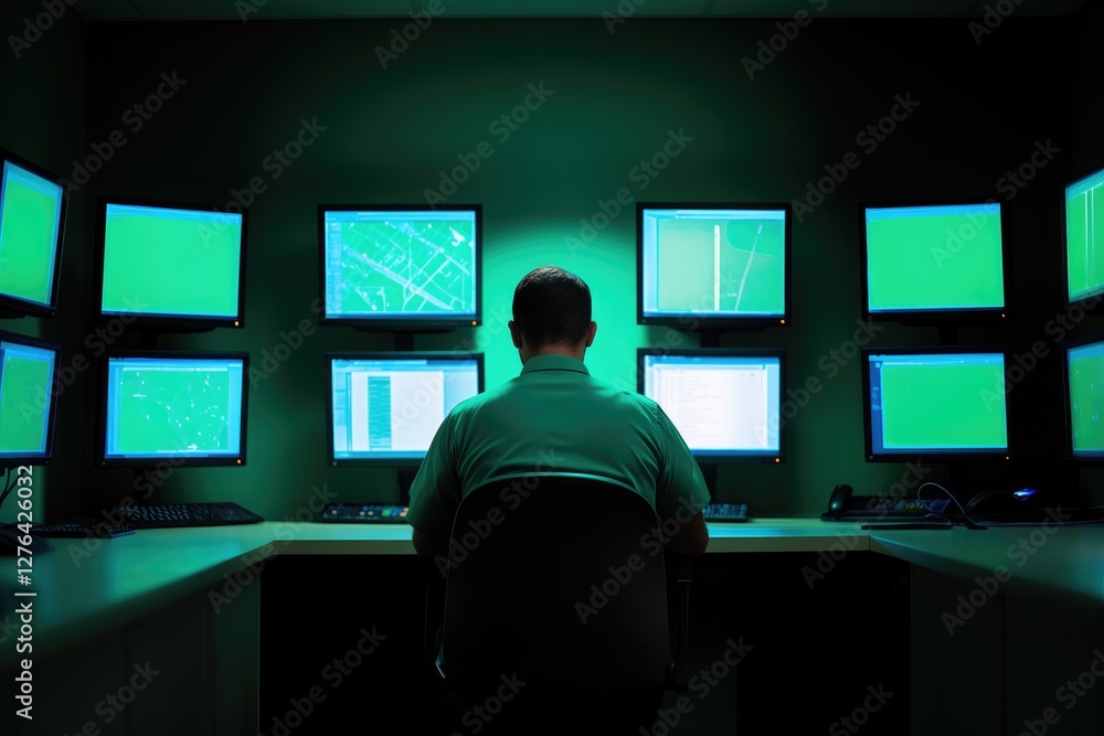Aufkleber dimly lit control room with multiple monitors displaying green d