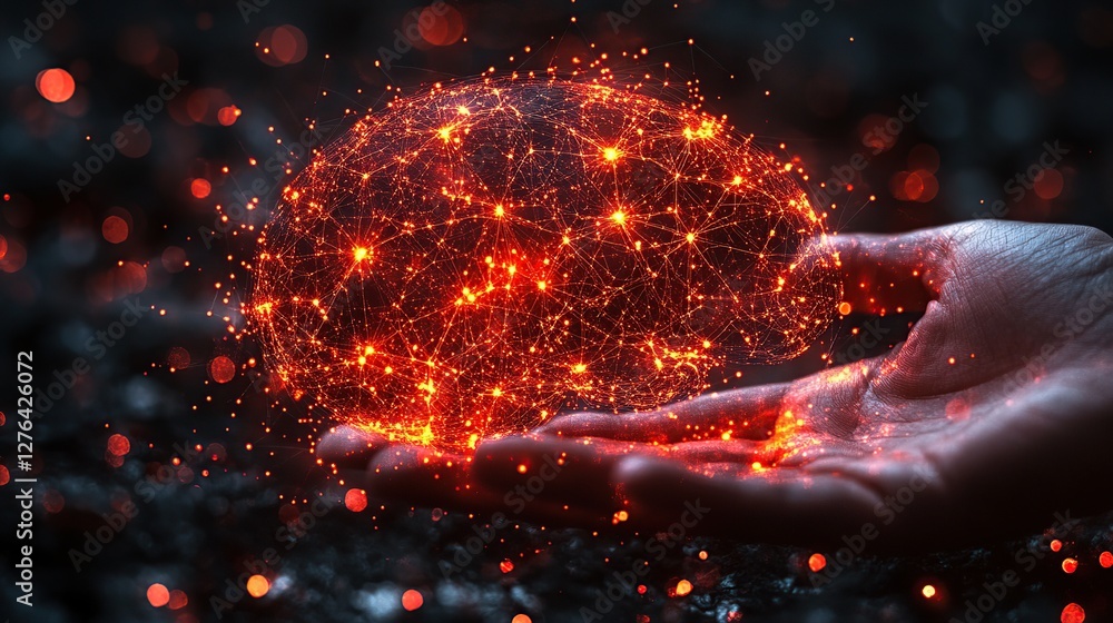 Poster a hand cradling a glowing network of interconnected nodes representing artificial intelligence conce