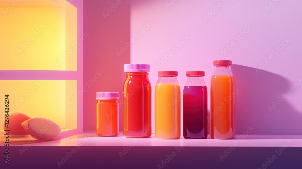 Aufkleber colorful assortment of juice bottles on a shelf with soft lighting and eggs in the background