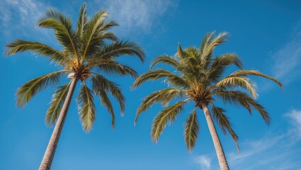 Two tall palm trees with green fronds against a clear blue sky in bright natural light.