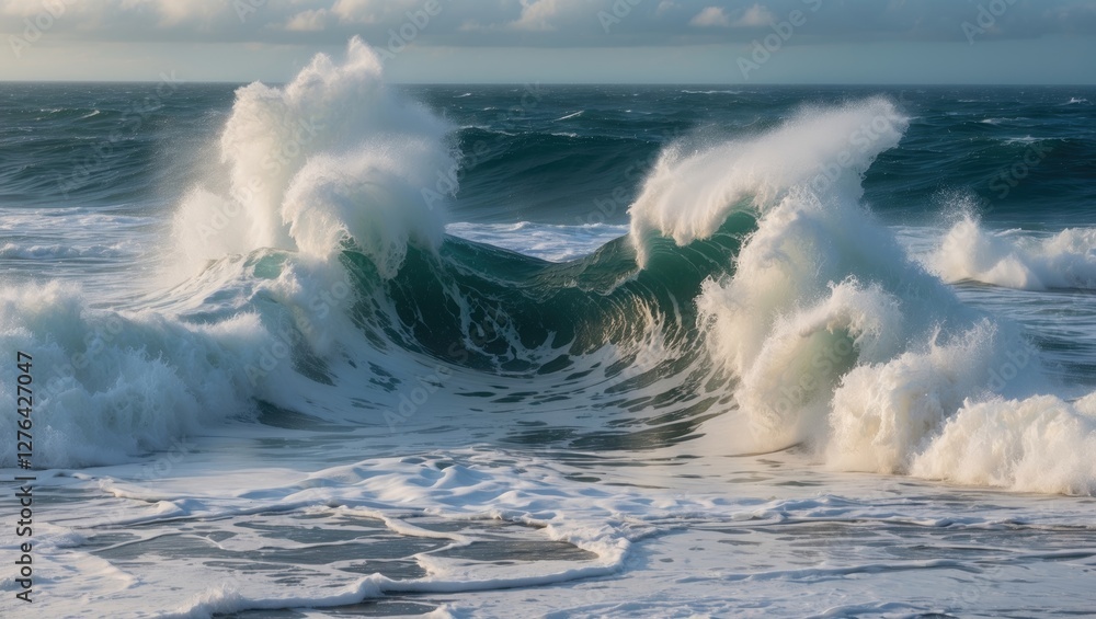 Poster powerful ocean waves crashing on the shore under a cloudy sky with foam and spray visible against th