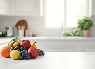 The white kitchen table is blurred in the background, with fruits and vegetables on it. The foreground features a wooden