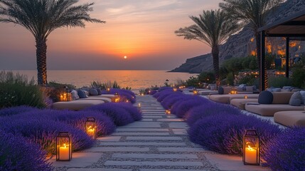 Sunset serenity at a coastal resort with lavender-lined pathway and inviting lounges facing the sea. Palm trees swaying, gentle ambiance.