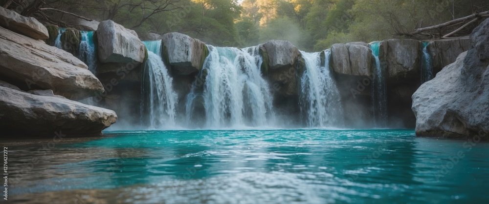 Poster waterfall cascading over rocks into clear turquoise pool surrounded by greenery in a tranquil natura