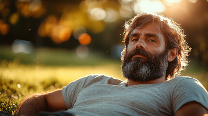 Relaxing in the sun, this man finds peace amidst nature's embrace, his eyes reflect a sense of serenity. Outdoor portrait.