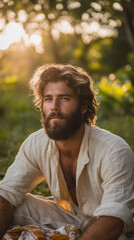 Fototapeta premium Bearded man with sun-kissed hair in nature, radiating serenity and earthiness. A captivating portrait of natural charm and rustic allure.