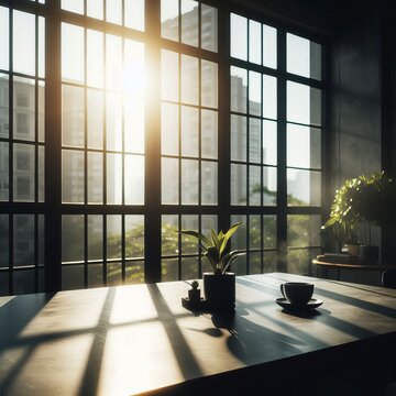 The slightly blurred image shows a sunlit room with large windows, a dark grey table in the foreground and a small potted plant to the right. 