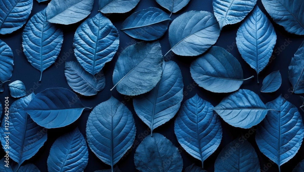 Poster blue toned leaves pattern textured background in various shapes and sizes flat lay arrangement on da