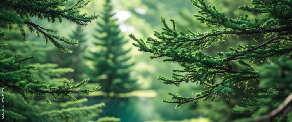 Poster close-up of evergreen tree branches with green foliage in a serene forest setting with blurred backg