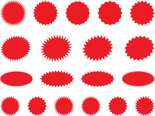 Starburst red sticker set - collection of special offer sale oval and round shaped sunburst labels and badges. Promo stickers with star edges. Vector.