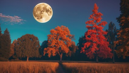 Fototapeta premium Moonlit landscape featuring colorful autumn trees against a clear night sky with a large moon glowing above.