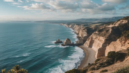 Obraz premium Coastal landscape featuring cliffs and shoreline with ocean waves and cloudy sky during a sunny day in a natural setting